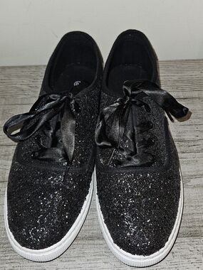 Women's Black Glitter Lace-Up Sneakers with Satin Ribbon Laces